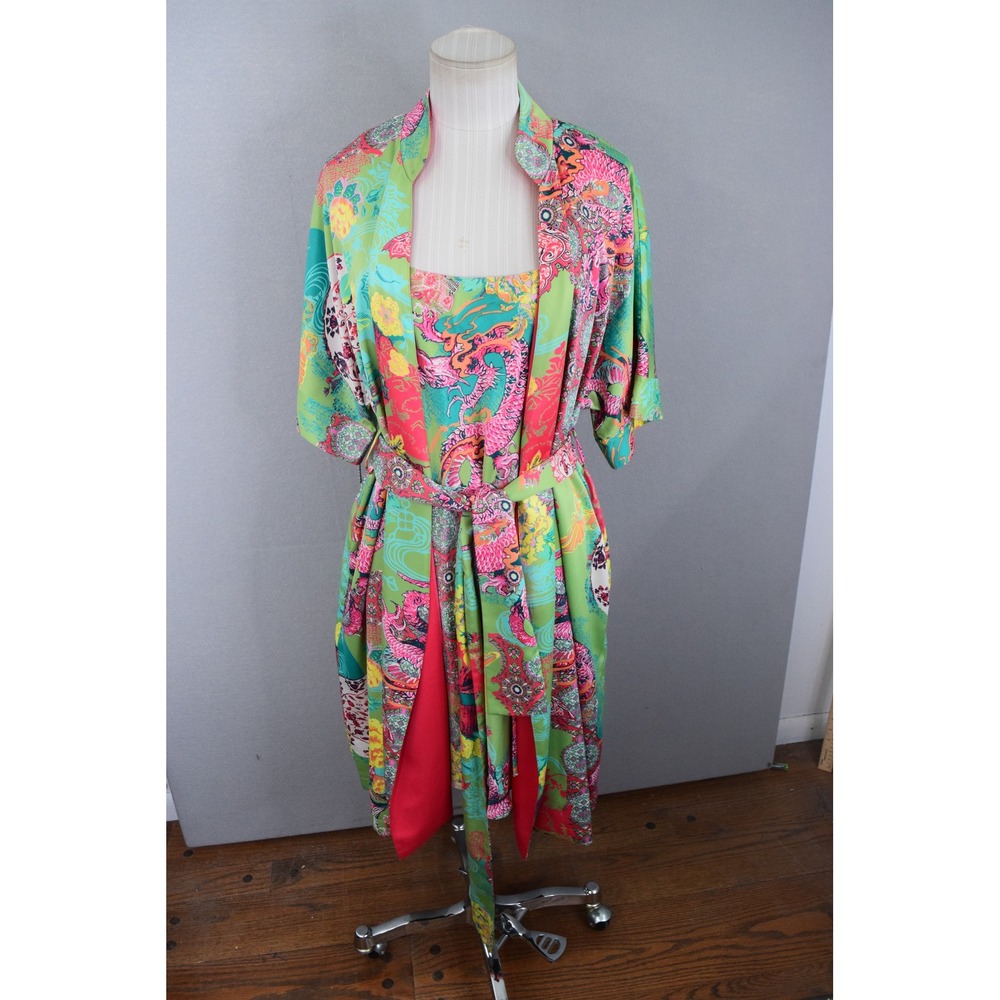 Natori Chemise Robe Set S/M Green Asian Dragon Floral Loungewear Sleepwear